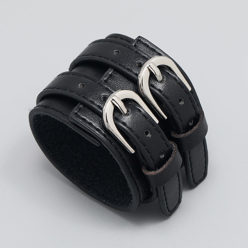 Bracelets doubles larges simples en cuir de personnalité punk pour hommes