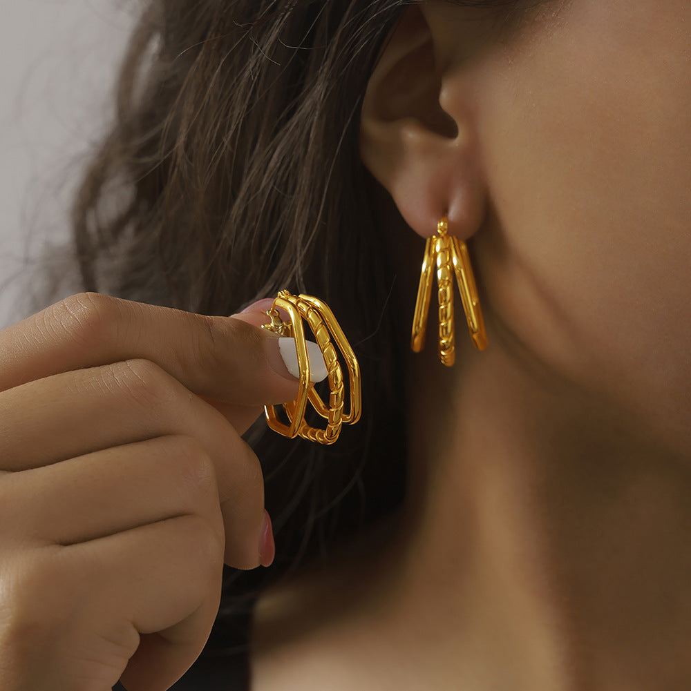 Retro Geometric Twin Style Stitching Design Titanium Rings