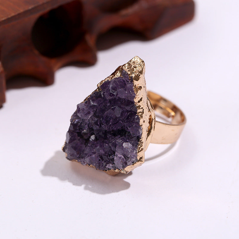 Amethyst Cluster Electroplated Golden Open-end Crystal Tooth Ring