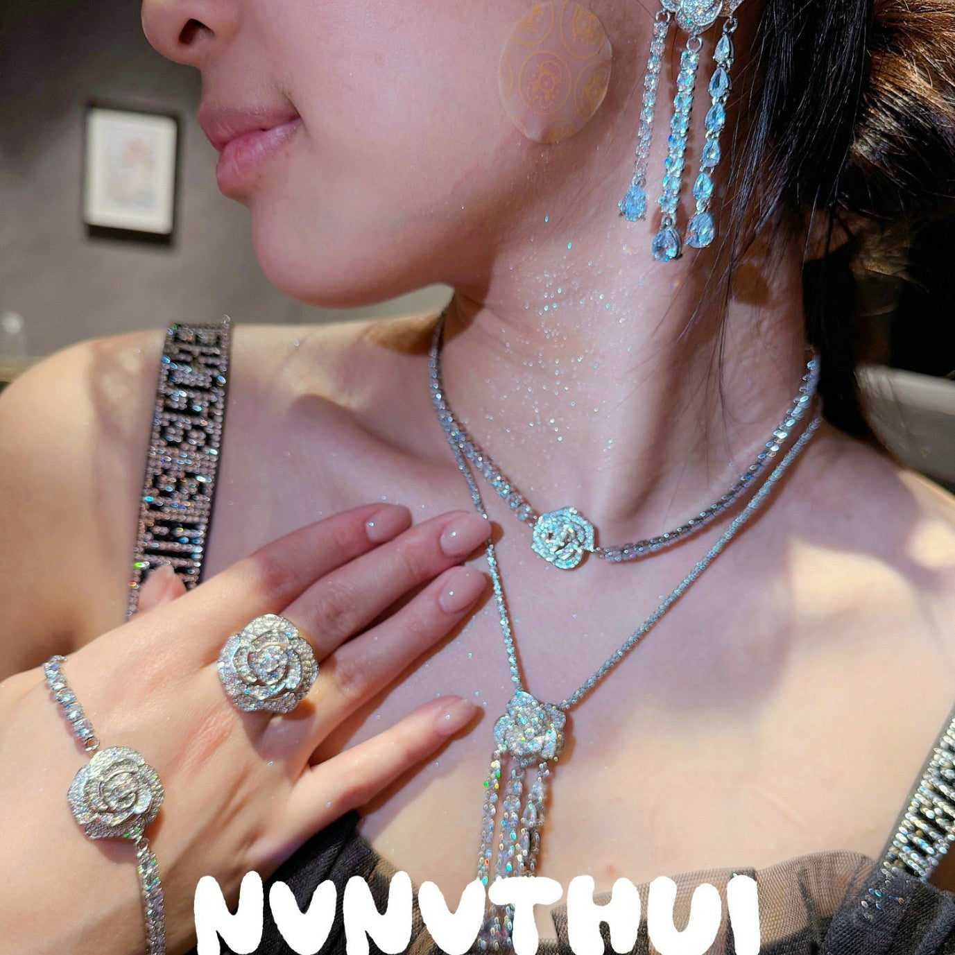 Flower Gem Gold-plated Zircon Full Diamond Clavicle Chain Earrings