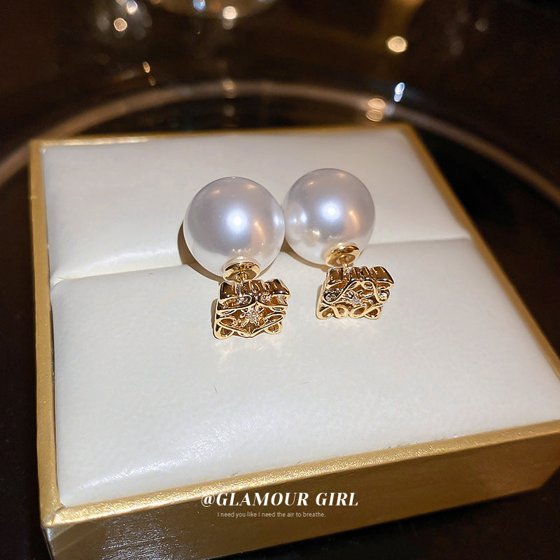 Needle Pearl Square Double-sided Design Style Earrings