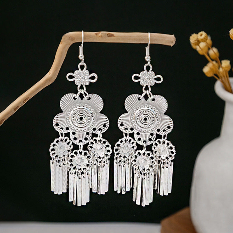 Sier Minority Ethnic Style Personalized Bohemian Flower Earrings