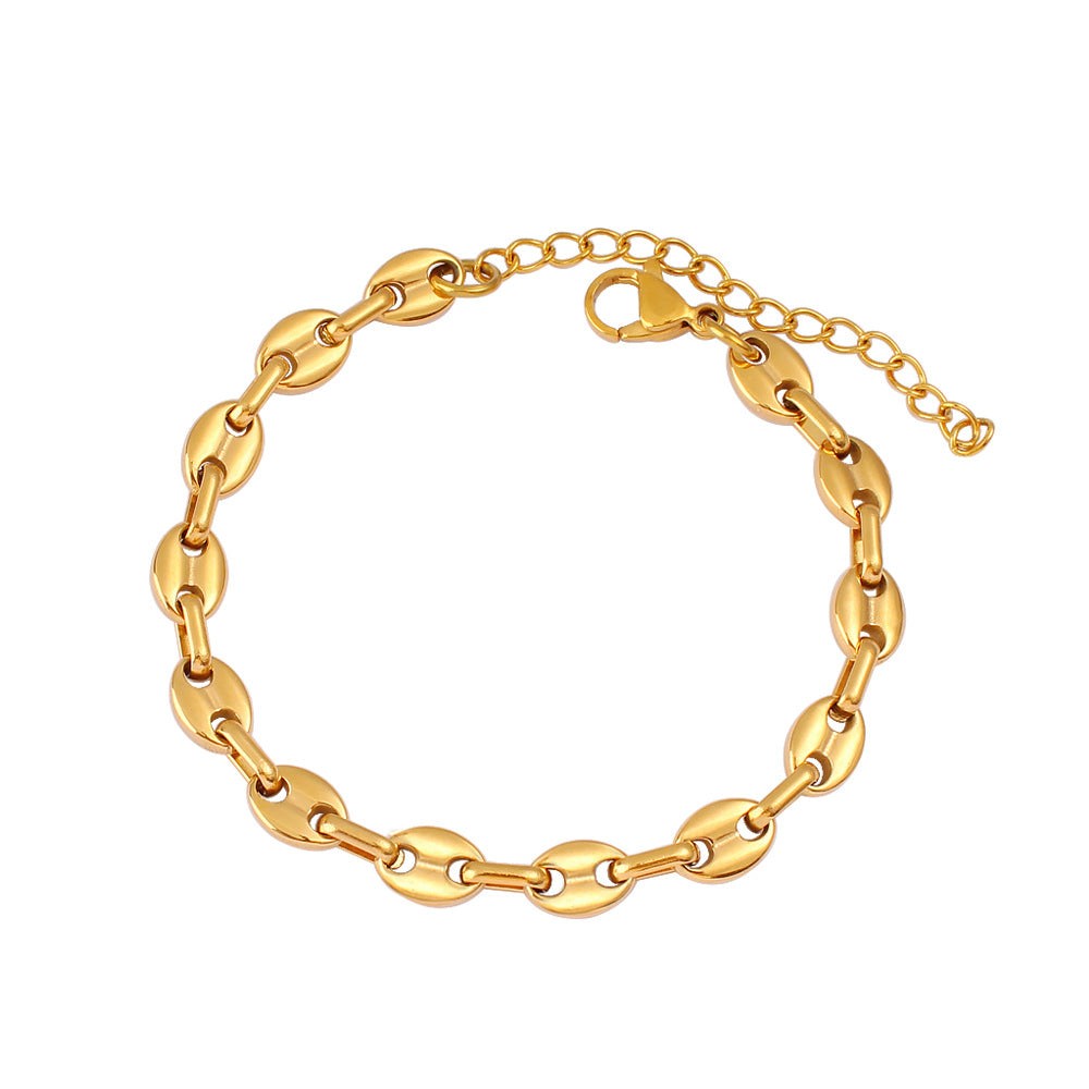 Women's & Men's Hip Hop Coffee Beans Gold Titanium Steel Pig Jewelry Set