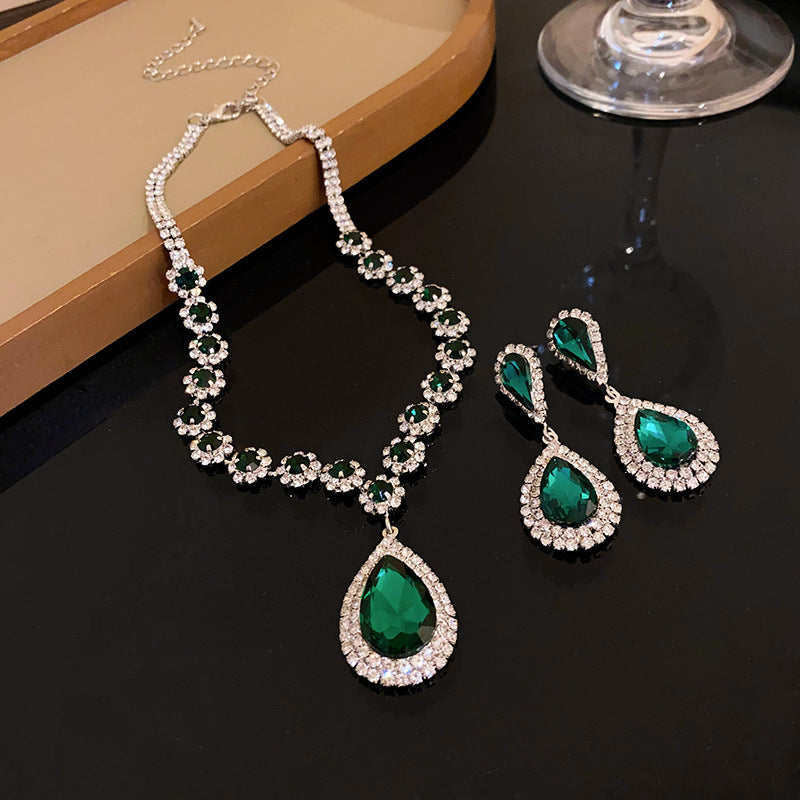 Flower Female Emerald Vintage Clavicle Chain Earrings