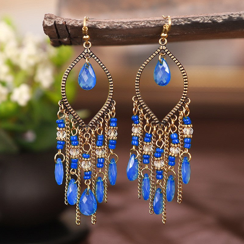 Ethnic Style Tassel Long Bohemian Crystal Yunnan Summer Earrings