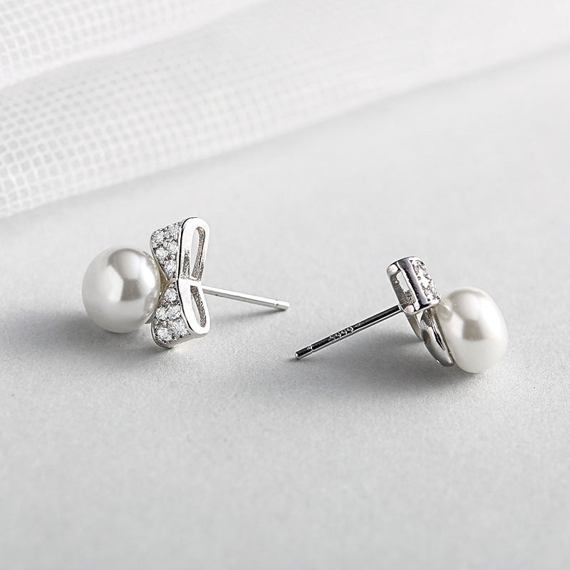 Sweet Pearl Exquisite Inlaid Zircon Bow Earrings