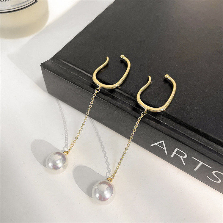 French Retro Painless Pearl Tassel Asymmetric Simple Ear Clip