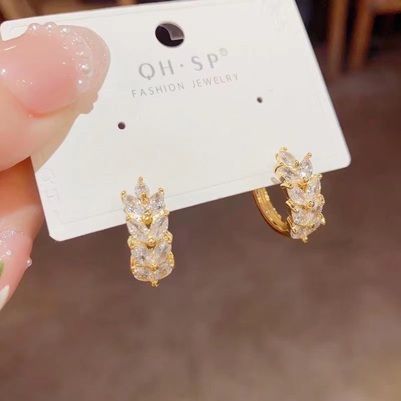 Korean Style Micro Inlaid Zircon Small Leaves Simple Earrings
