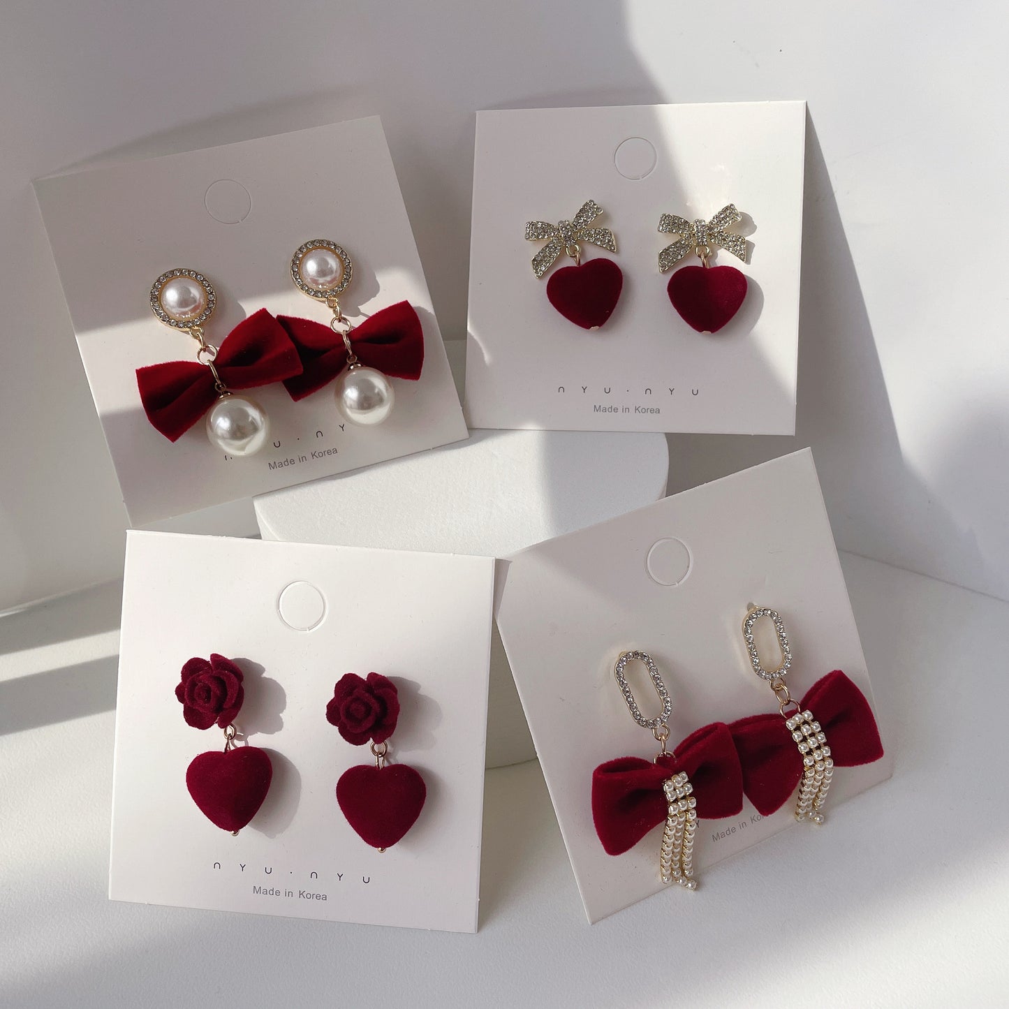 Sier Red Veet Bow Heart Pearl Rings