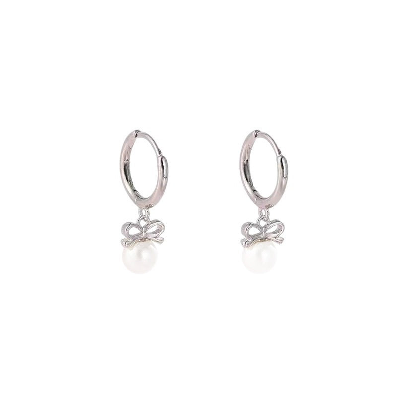Sier Needle Tassel Bow Artificial Pearl Female Ear Buckle