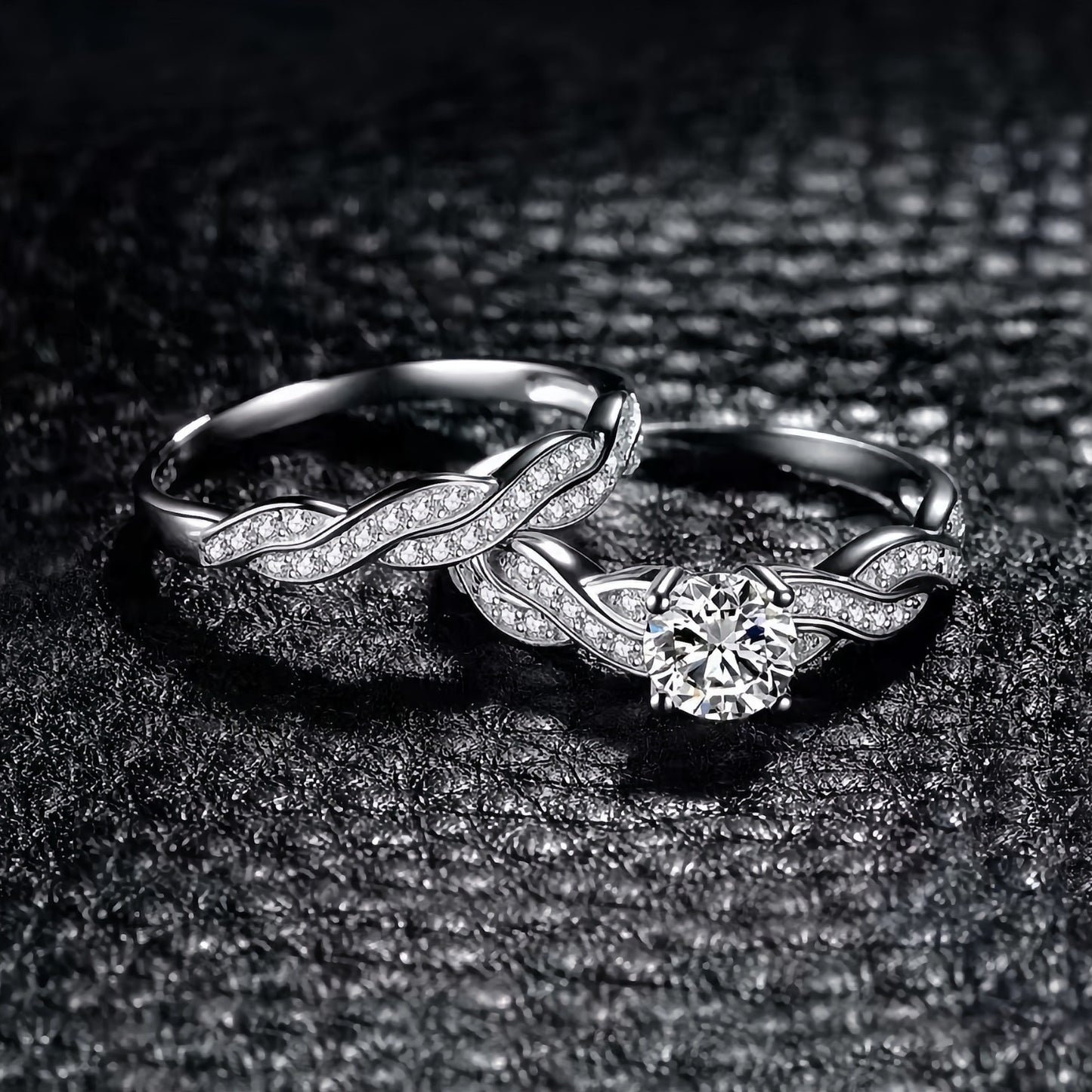 Inlaid White Zirconium Vine Two-piece Diamond Shank Ring