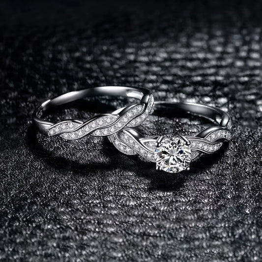 Inlaid White Zirconium Vine Two-piece Diamond Shank Ring