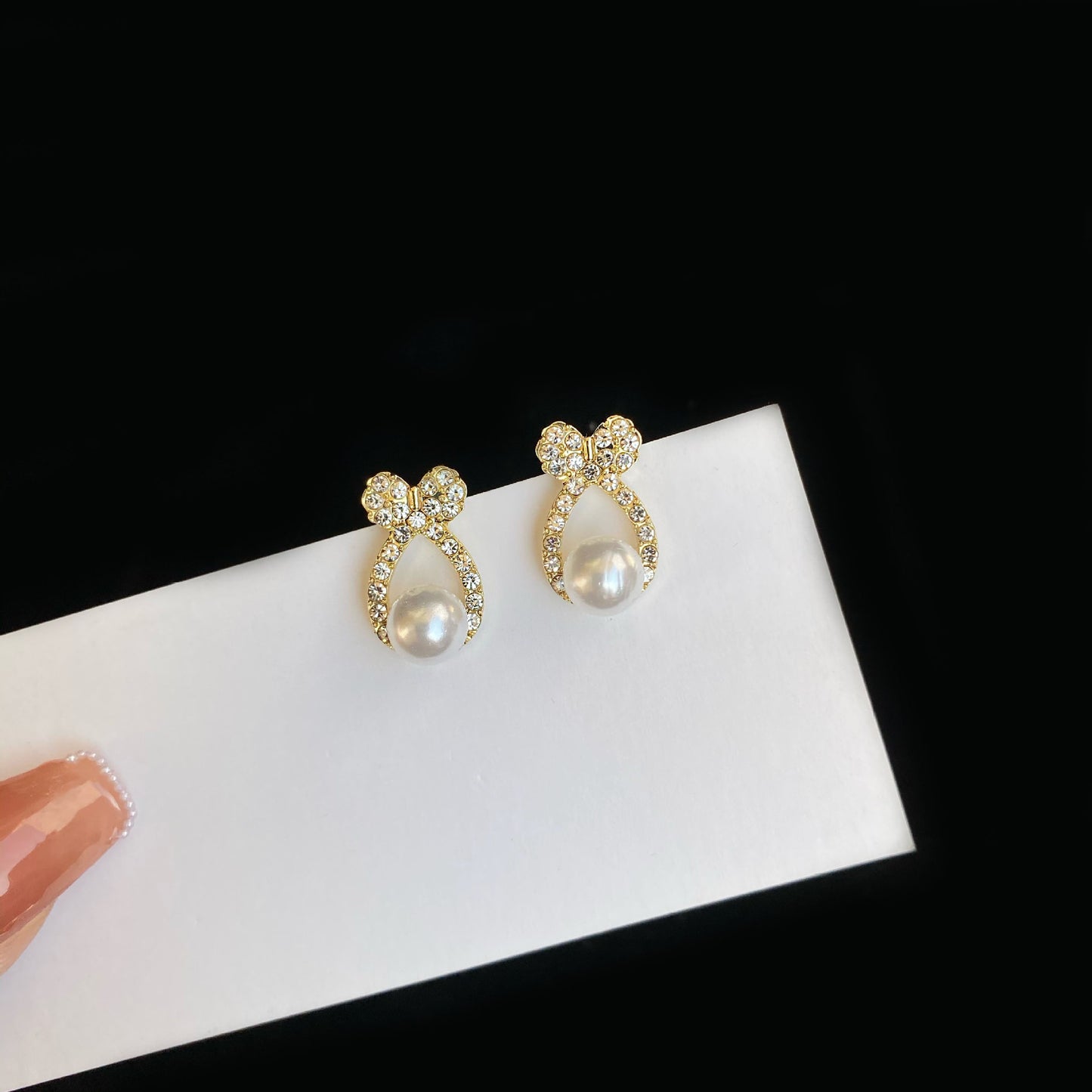 Bow Rhinestone Pearl Female Simple Graceful Design Earrings