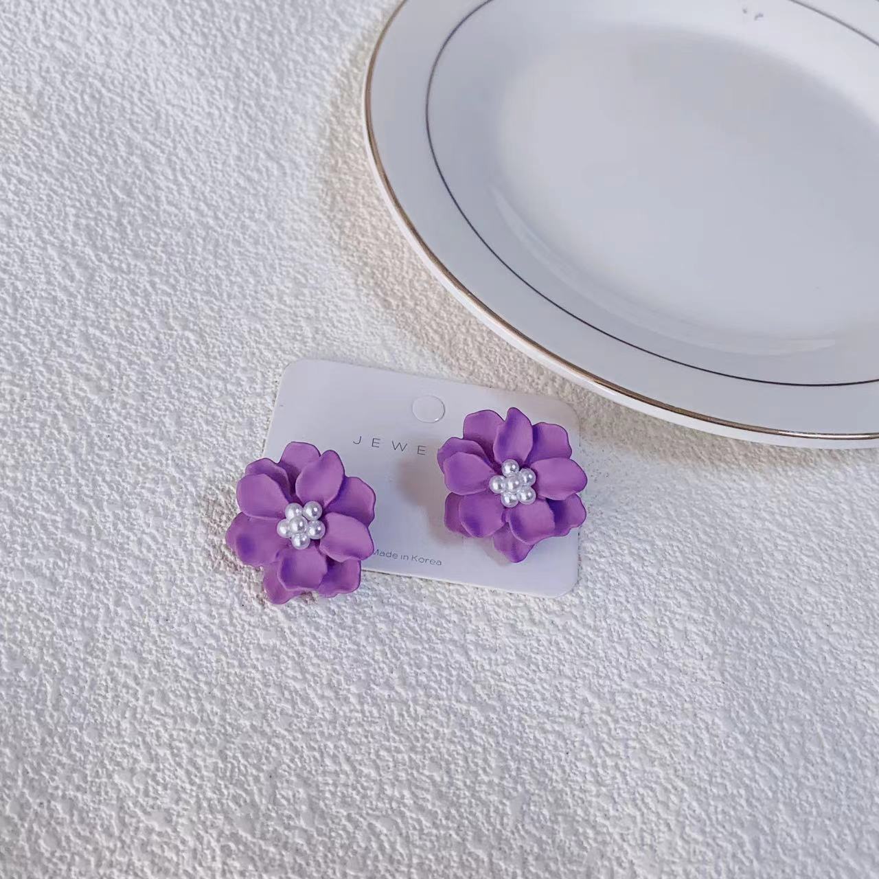 Sier Needle Korean Style Purple Resin Flower Design Light Luxury Rings
