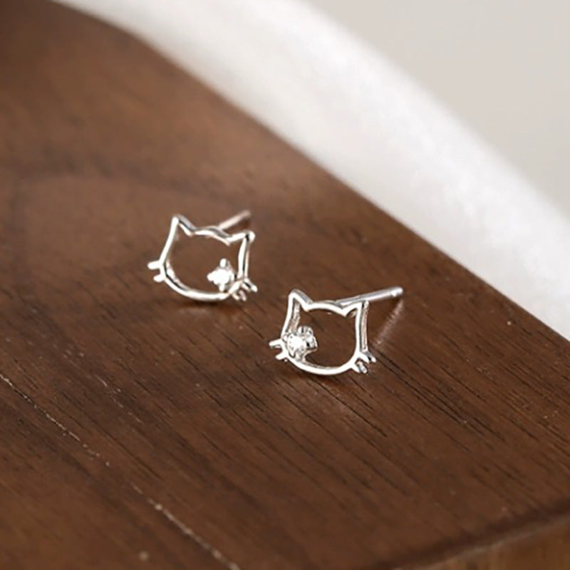 Women's Sterling Sier Cute Cat Ear Simple Temperament Hollow Kitten Pin Stud Earrings