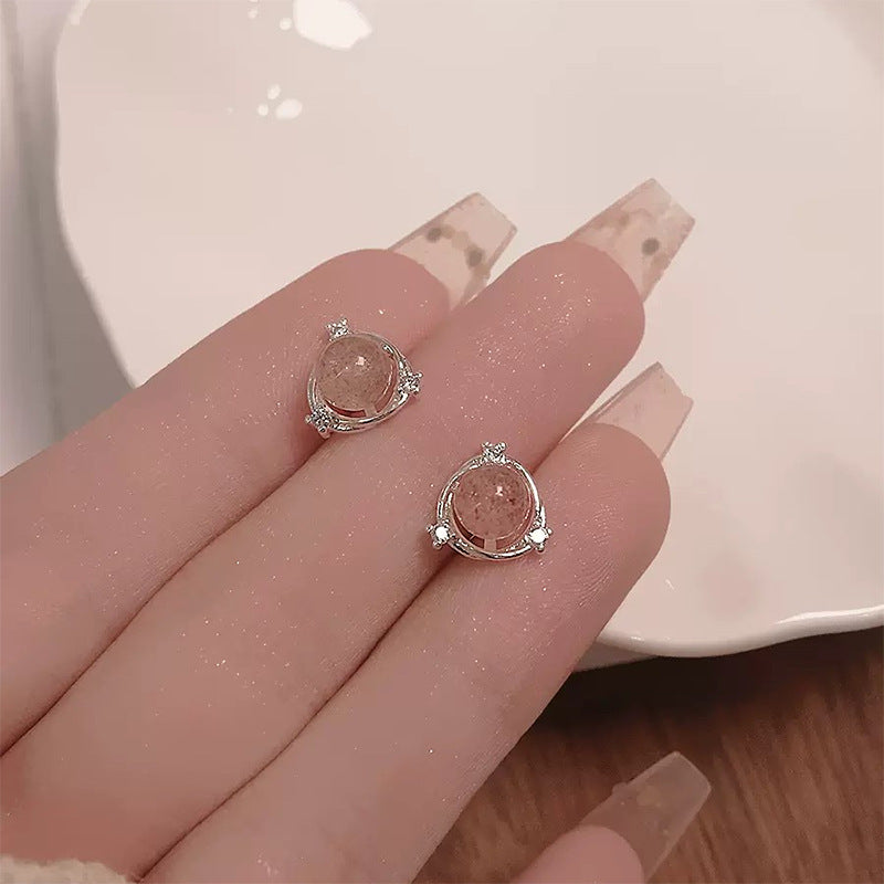 Female Mori Temperament Pink Crystal Simple Compact Earrings
