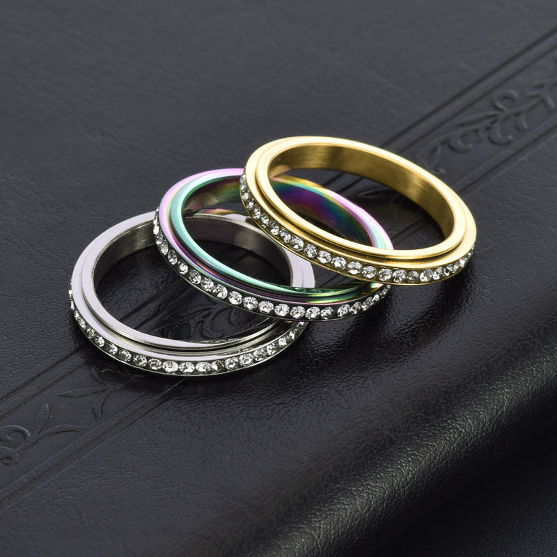 Women's Stainless Steel Fresh Single Row Rhinestone Rotatable Rings