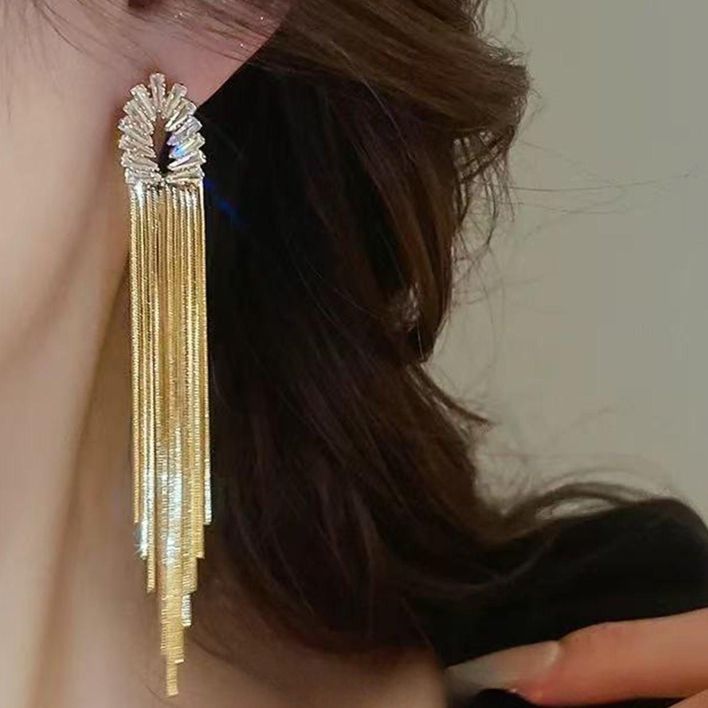 Luxury Temperament Fashion Long Zircon Tassel Personality Elegant High Sense Stud Earrings