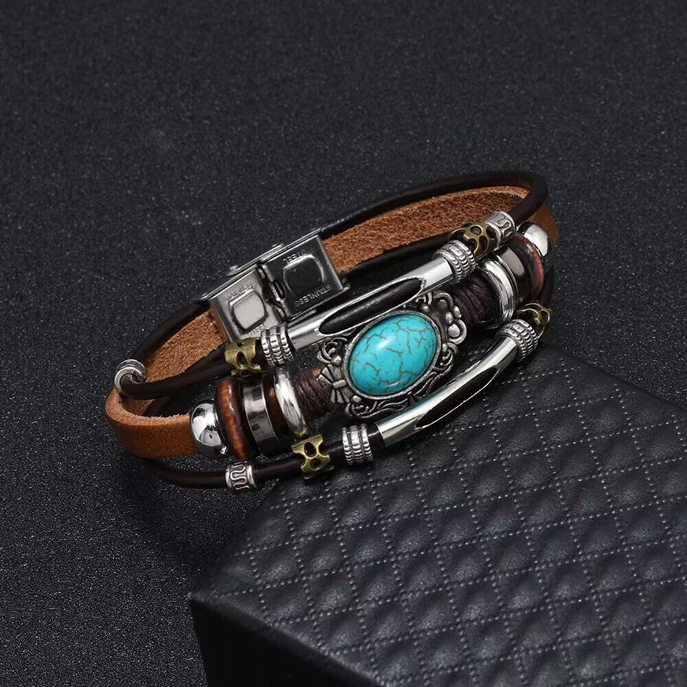 Herren-Armbänder aus türkisfarbenem Leder mit Perlen im Bohemia-Stil und Edelstahl