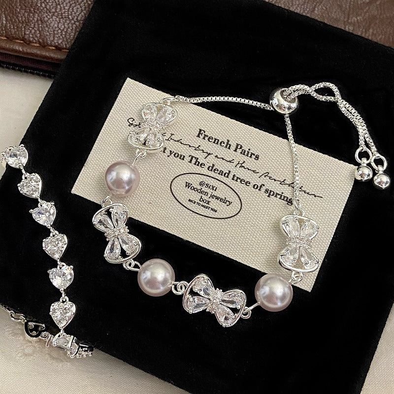 Women's Pearl Full Zirconium Bow Love Pull Exquisite Design Bracelet