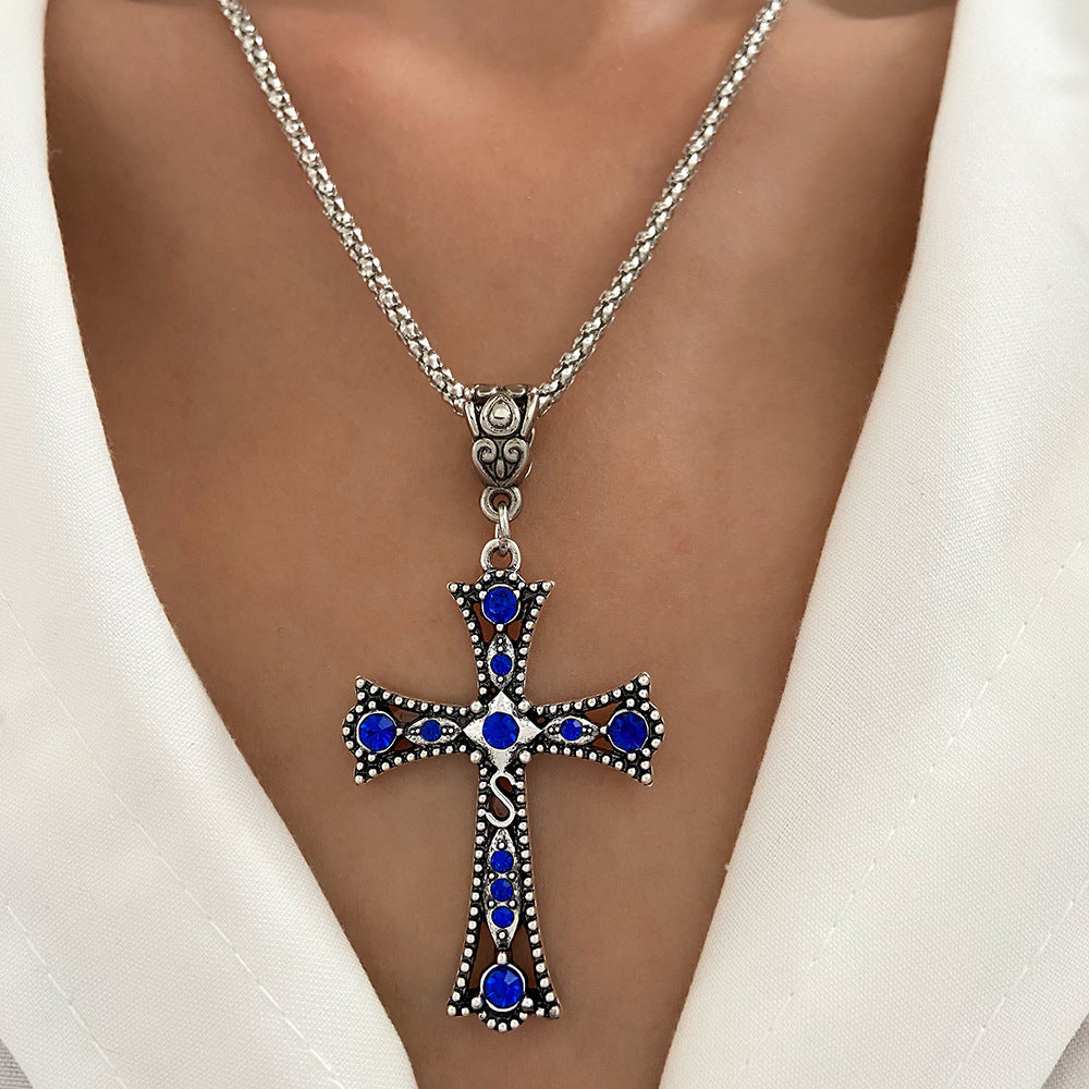 Retro Style Colorful Zircon Hollow Letter Cross Necklaces