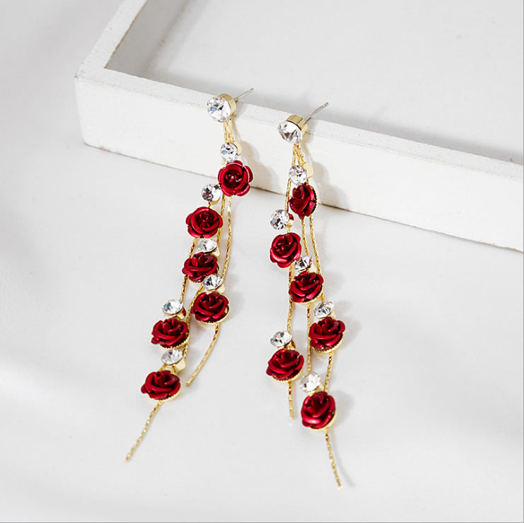 Elegant Sier Needle Rose Tassel Long Earrings