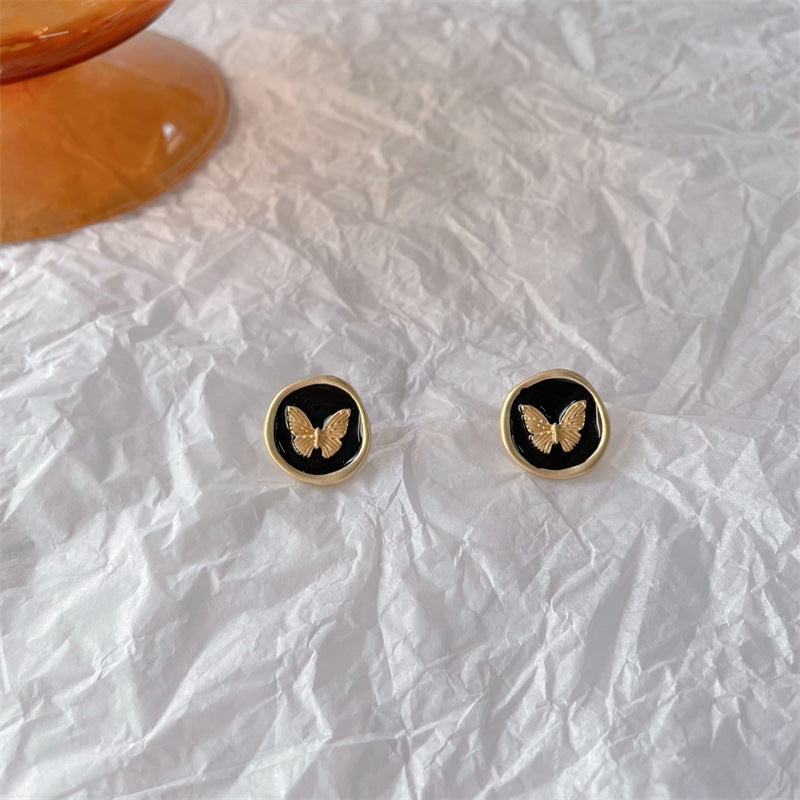 French Retro Butterfly Matte Black Drip Ear Clip Classic Style Rings