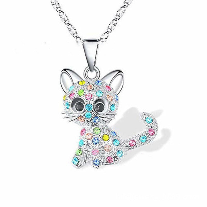Colorful Cat Diamond Female Animal Cartoon Kitten Clavicle Necklace