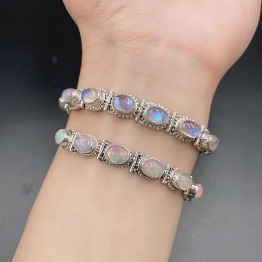 Nepal Handmade Sier Plated Opal Blue Moonstone Personality Retro Bracelet