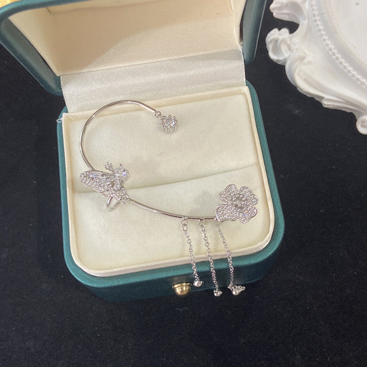 Light Luxury Full Zirconium Butterfly Flower Tassel Small High Ear Clip