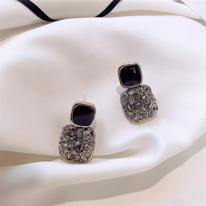 Square Alloy Oil Dripping Purple Full Diamond Elegant Ear Earrings