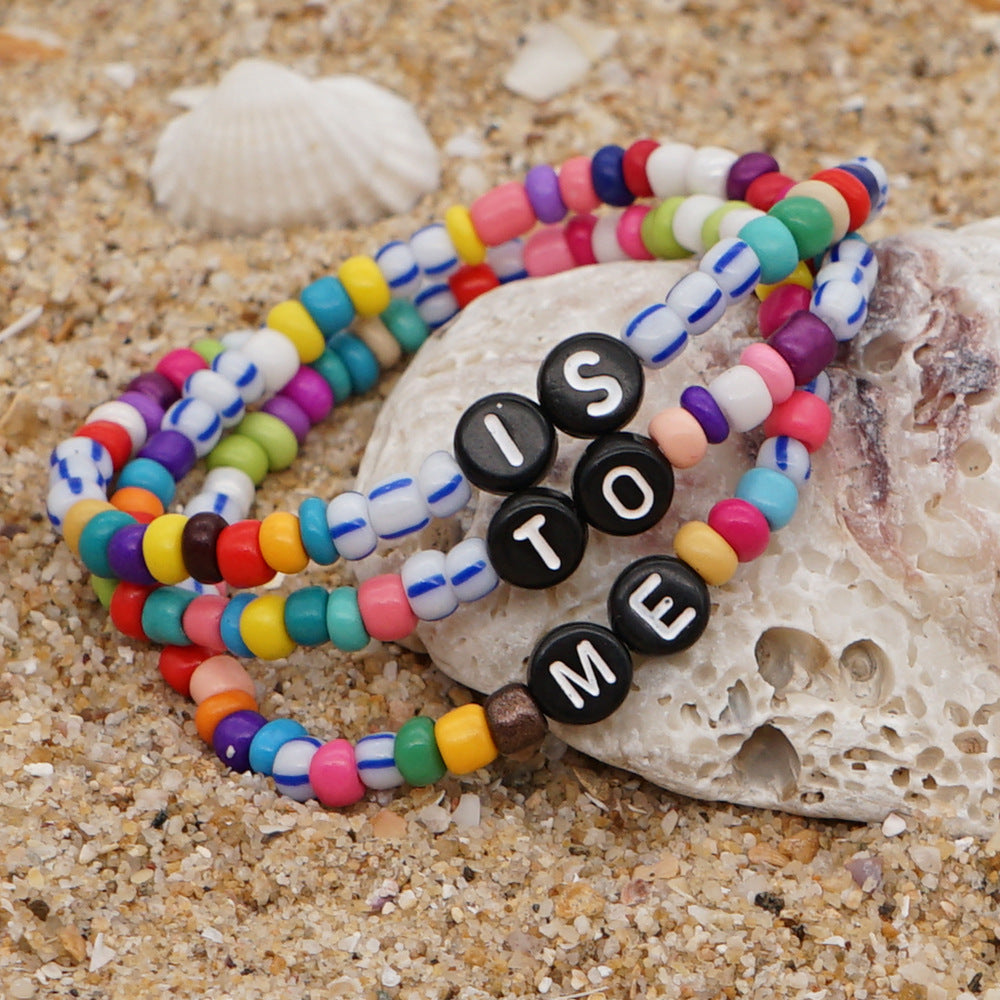 Style Colored Glass With Letters Beaded Bracelets