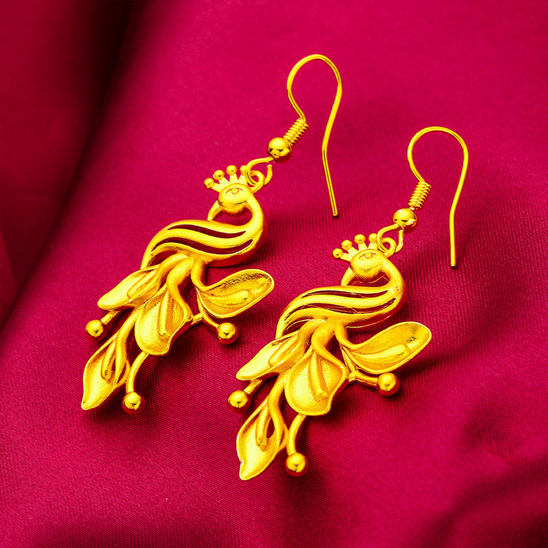 Women's Vietnam Placer Gold Frosted Peacock Leaf Earrings