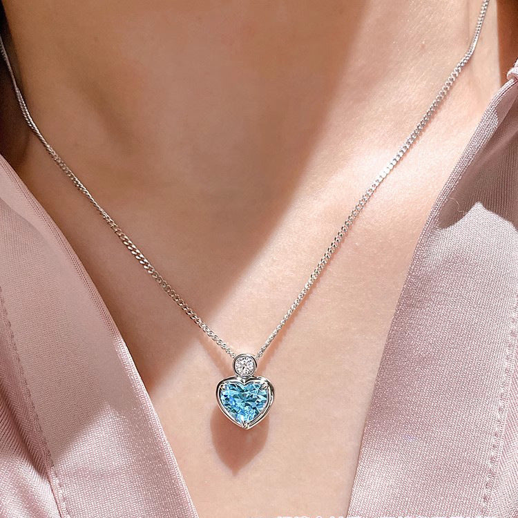 Women's Heart-shaped Colored Gems 2 Karat Blue Diamond Aquamarine Artificial Niche Jewelry Set