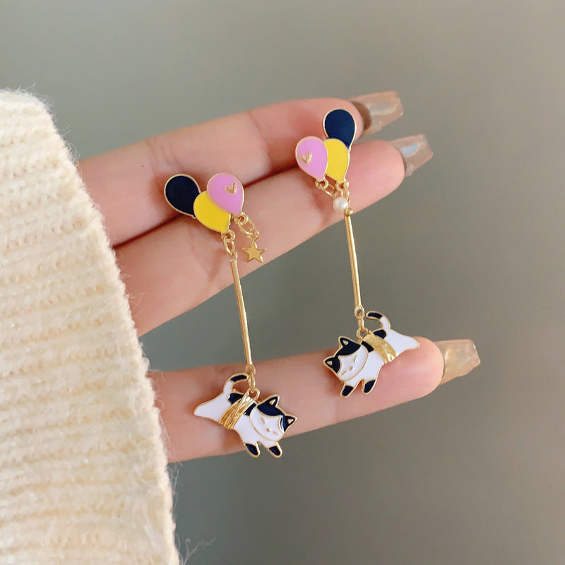 Needle Sweet Cartoon Cat Contrast Color Earrings