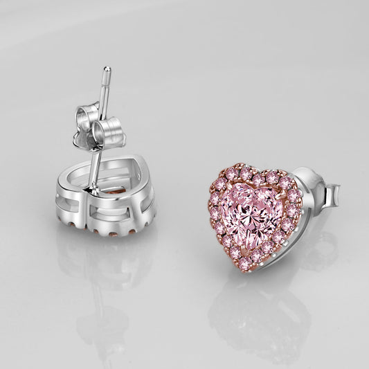 Women's Pave Loving Heart Zircon Pink Diamond Sier Ear Earrings