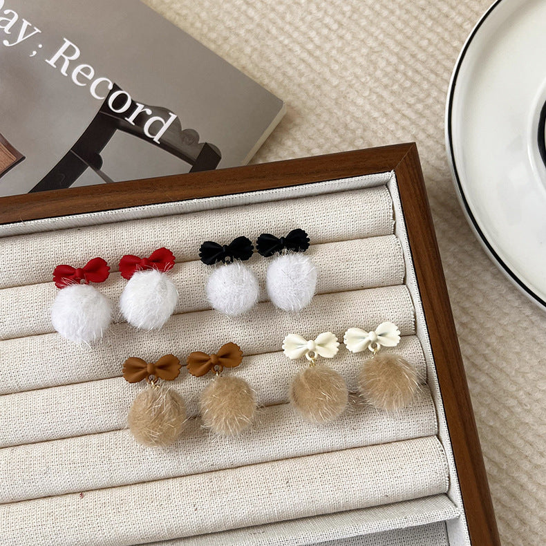 Women's Bow Plush Ball Personality Campus For Earrings