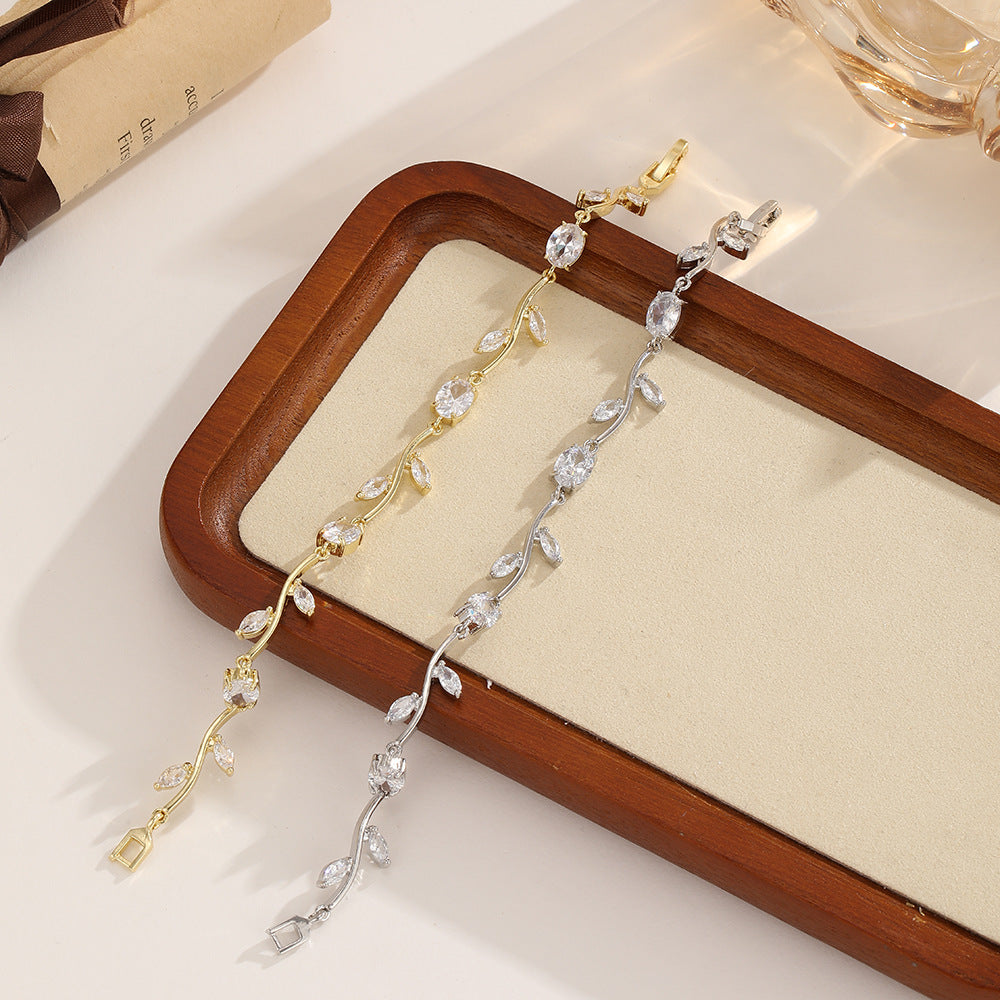 Light Luxury Vine Leaf Zircon Female Niche Design Rhinestone White Bracelets