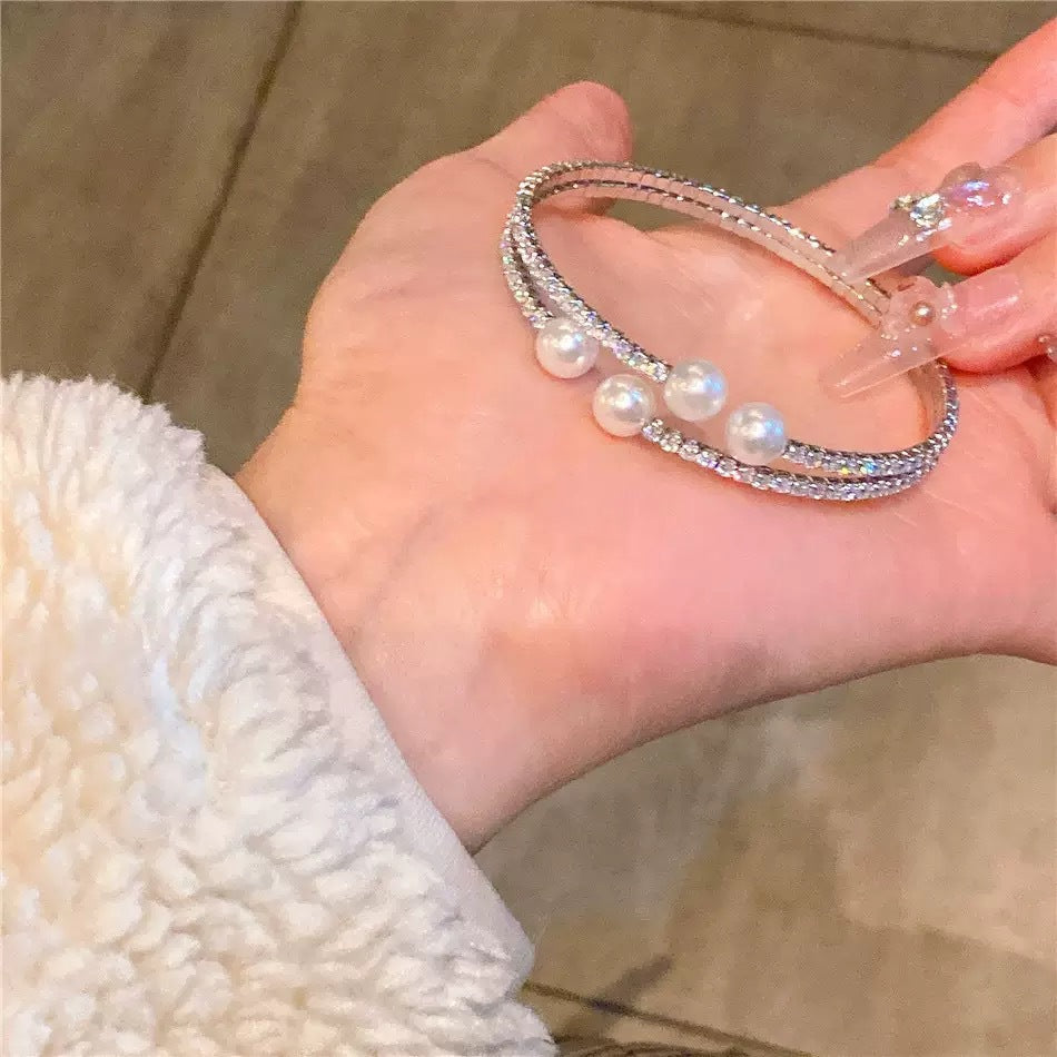 Women's Fashion Two-row Pearl Open Rhinestone Can Replace Stick Mark Bracelets