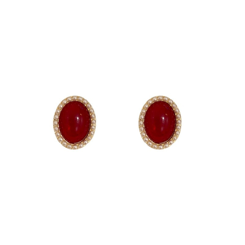 Women's Needle Retro Style Red Oval Pearl Earrings