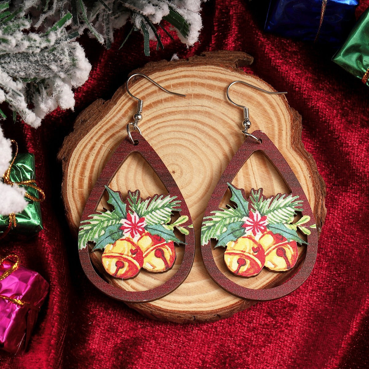 Creative Color Painted Bell Christmas Wooden Earrings