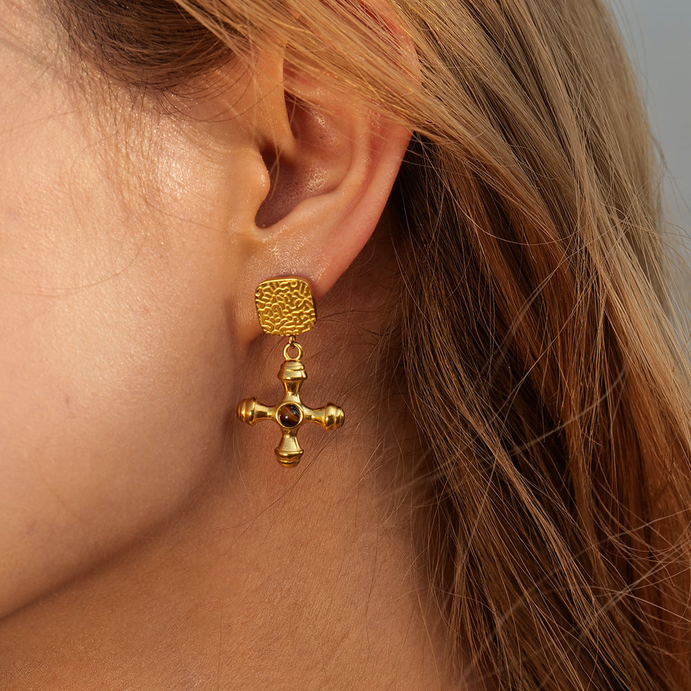 Women's Gold Stainless Steel Inlaid Tigereye Cross Earrings