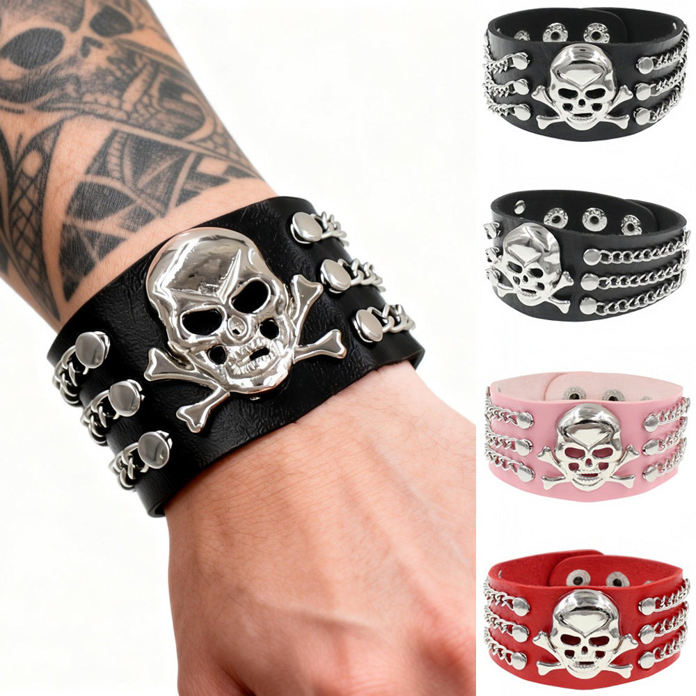 Protection Leather Fashion Punk Rivet Nightclub Domineering Ghost Skull Bracelet