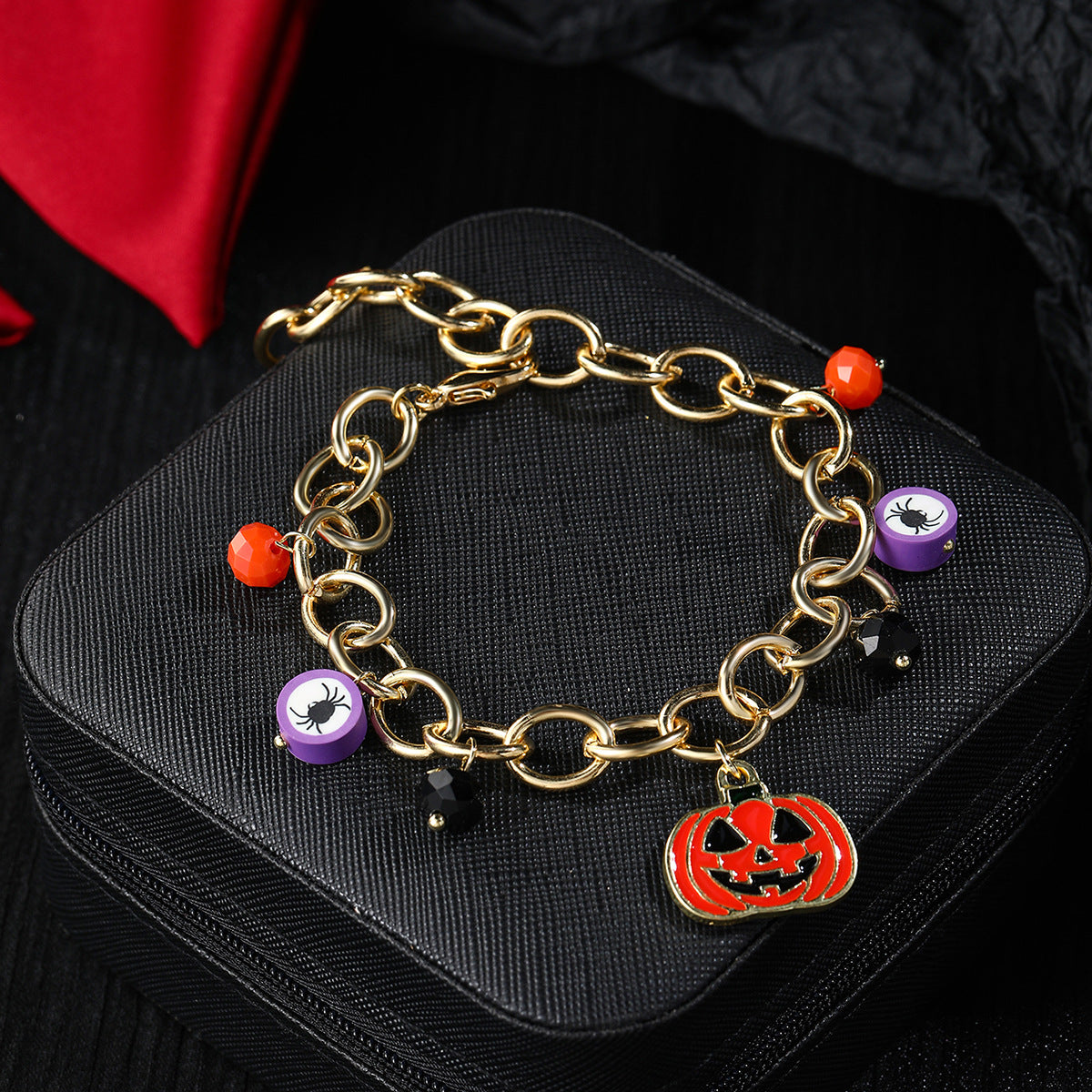 Women's Polymer Clay Skull Pumpkin Beaded Chain Bracelets