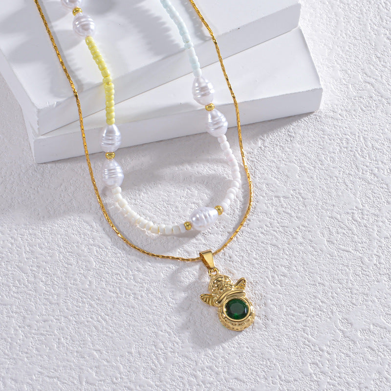 Steel Gold Plated Emerald Pendant Double Necklaces