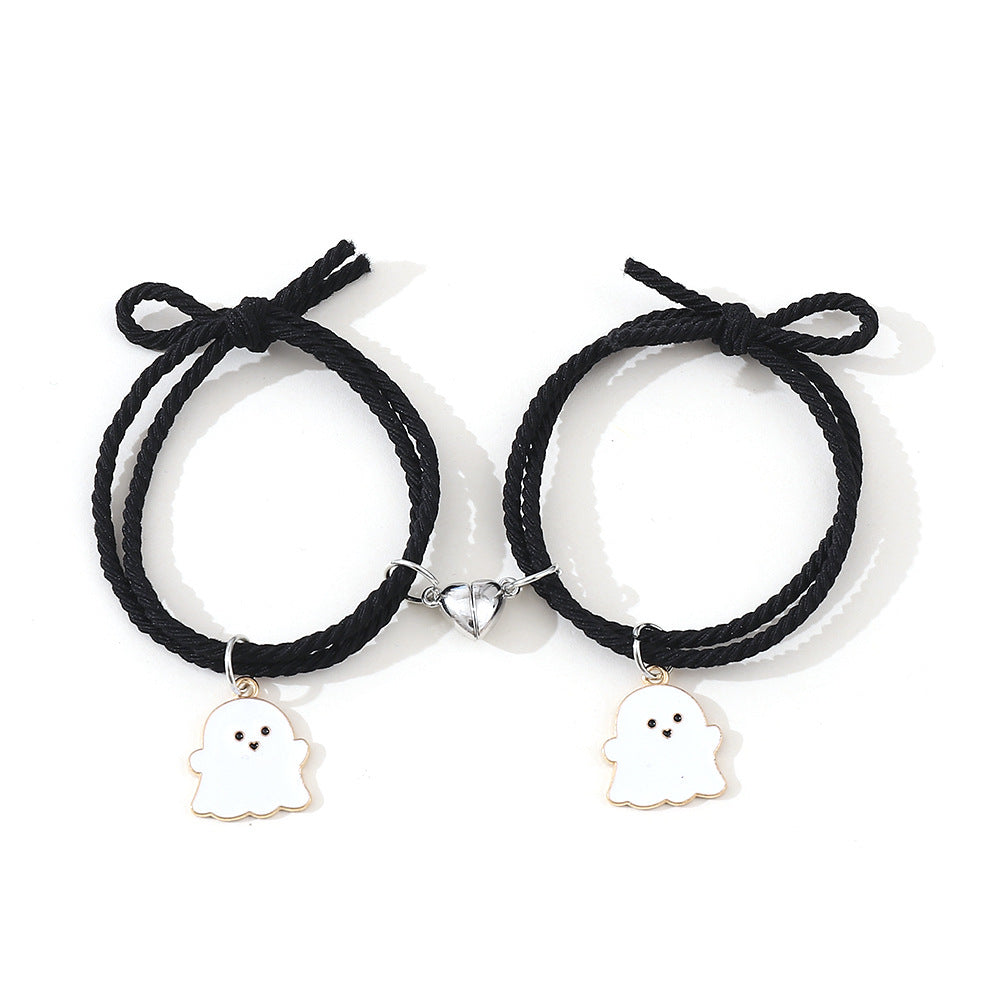 Women's & Men's & Cute Cartoon Love Magnet Suction Couple Pair Of Black Bracelets