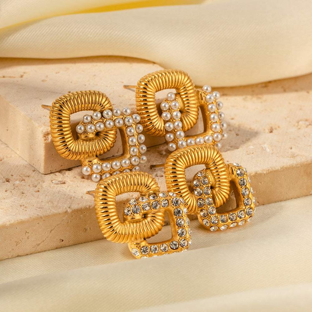 Trendy Gold Stainless Steel Inlaid Zircon Earrings