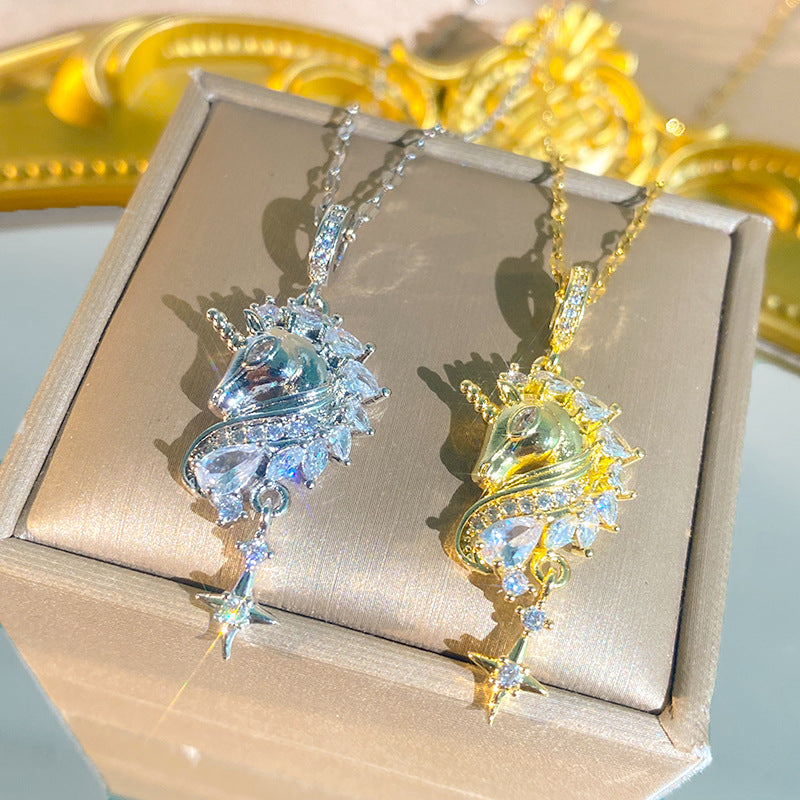 Women's Luxury Full Diamond Unicorn Titanium Steel Light Necklace