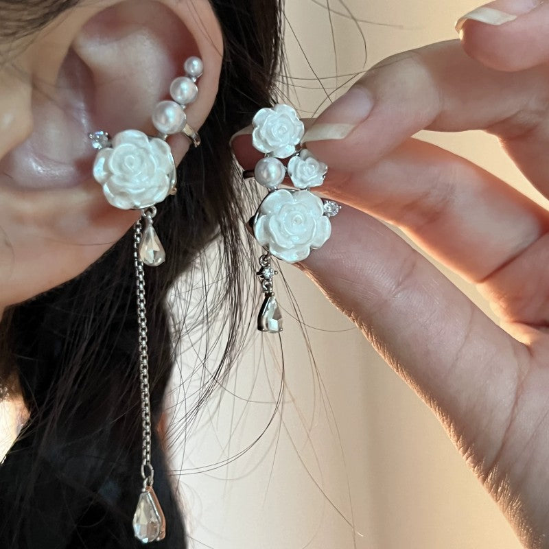Desire White Camellia Asymmetric Tassel No Pierced High-grade Ear Clip