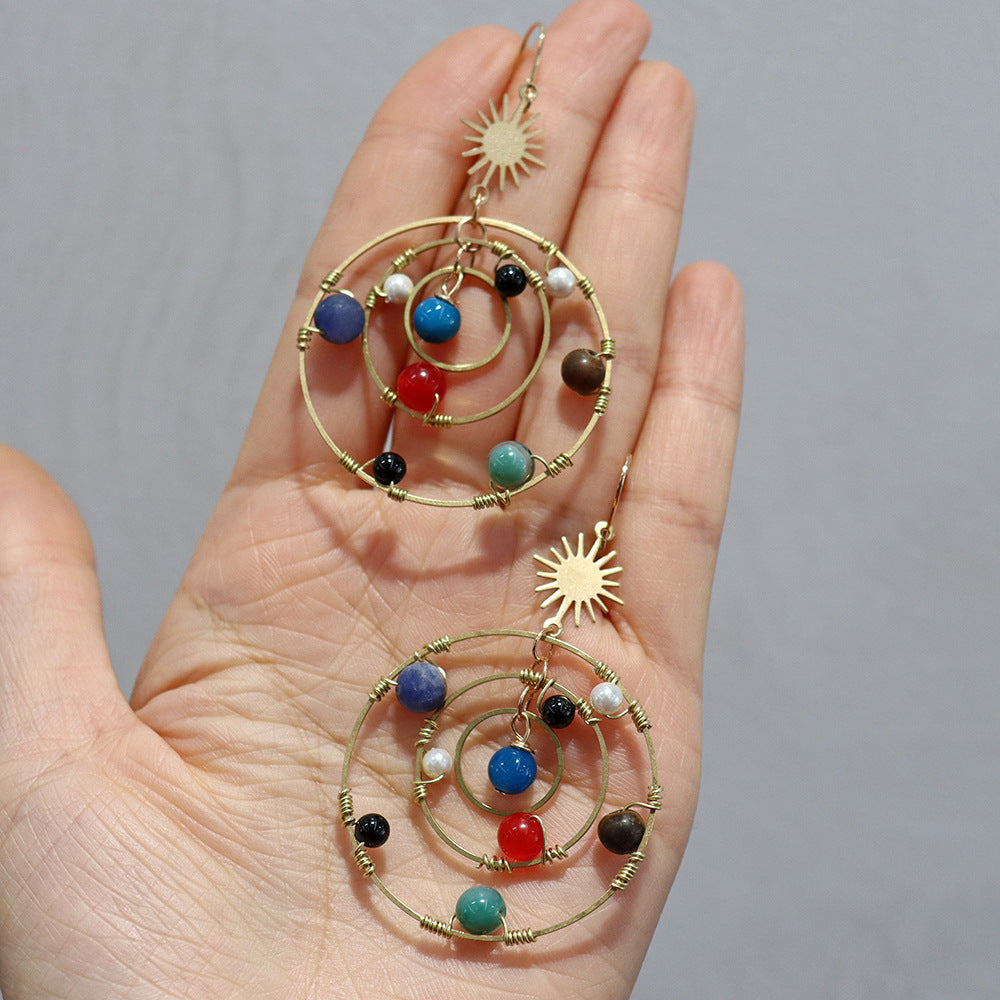 Handmade Natural Beads Earth Saturn Universe Sun Ear Rings